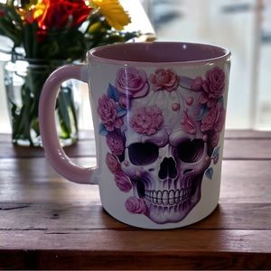 Sugar Skull Rose mug. This 11oz mug is white with a pink handle.